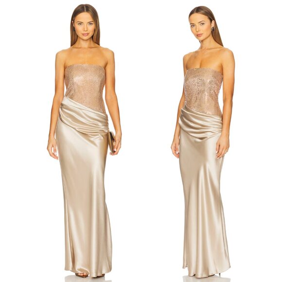 NEW retrofete Alexandra Maxi Dress in Latte Gold Strapless Formal Gown Large - Picture 2 of 3
